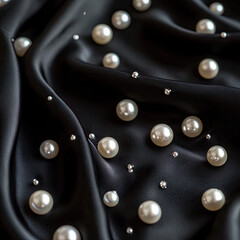 Pearls on black silk close-up. Illustration, print, texture, stylish ornament.