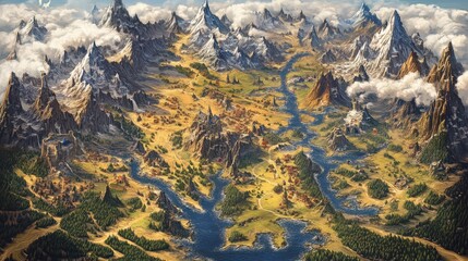 Canvas Print - Fantasy world map with mountains rivers and mystical creatures