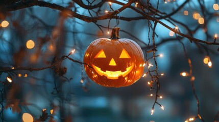 Canvas Print - Halloween pumpkin face decoration with sparkling lights on tree branches