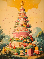 Christmas illustration with a cake in the shape of a Christmas tree