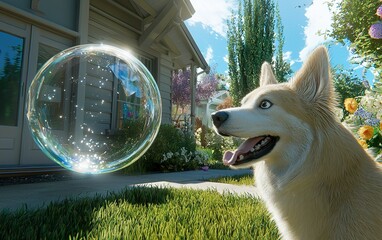 A happy corgi watches a bubble floating in a colorful garden during a sunny afternoon near a cozy home