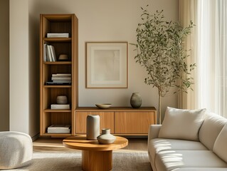 Wall Mural - Compact mid-century modern living room with modular furniture, shelving, and wooden sideboard