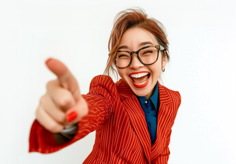 happy businesswoman pointing with index finger