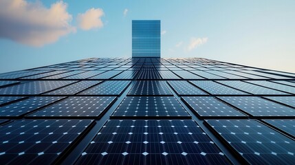 Advanced solar array with energy storage on the roof of a futuristic skyscraper, urban sustainable technology