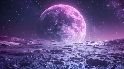 Wall Mural - a vibrant purple moon dominates the barren cosmic landscape with dramatic lighting