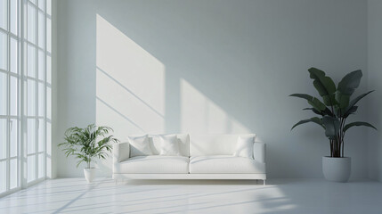 A clean, bright living room with a white sofa as the only piece of furniture. The empty space around it enhances the minimalist vibe, with soft natural light coming through