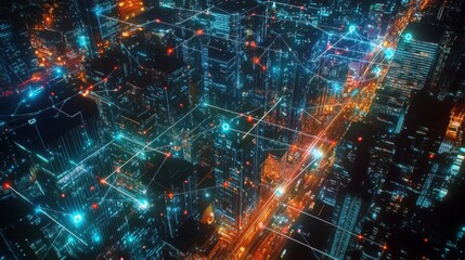 Aufkleber - An aerial view of a smart city at night, with a glowing web of wireless connections represented by bright lines linking buildings, cars, and devices across the cityscape.
