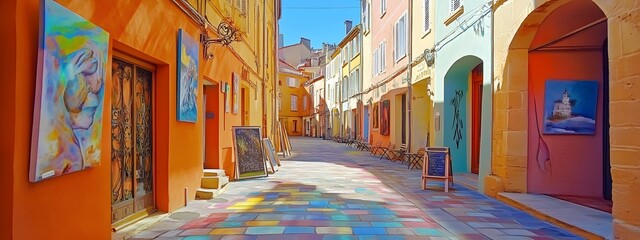 Wall Mural - Colorful street in the city of Aix-en-Provence, with paintings on buildings and art gallery doors