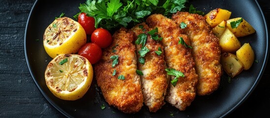 Close-up of a delicious breaded chicken dish with potatoes and lemons.