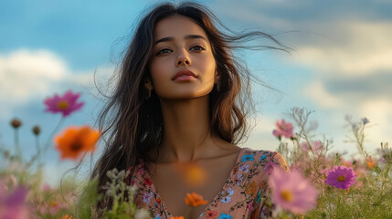 Young beautiful woman in flower field