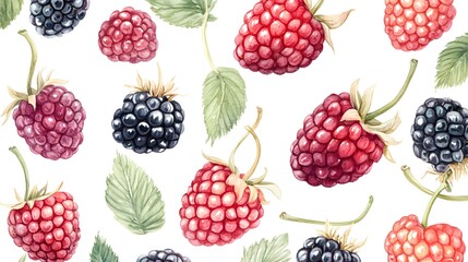 Wall Mural - Watercolor raspberry and blackBerry isolated. Pattern. Botanical illustration.
