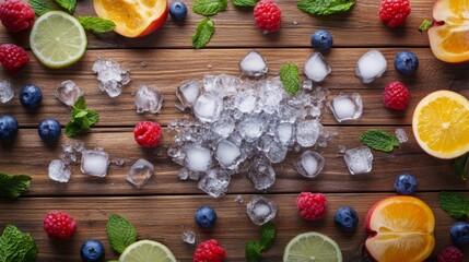 Leinwandbilder - An artistic overhead view of crushed ice scattered on a wooden table, surrounded by fresh fruits and mint leaves, emphasizing the refreshing ingredients for summer beverages.