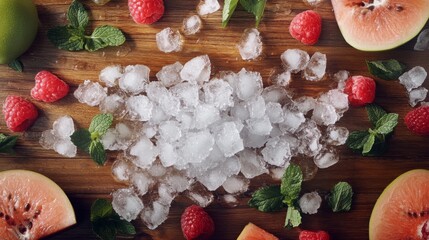 Leinwandbilder - An artistic overhead view of crushed ice scattered on a wooden table, surrounded by fresh fruits and mint leaves, emphasizing the refreshing ingredients for summer beverages.
