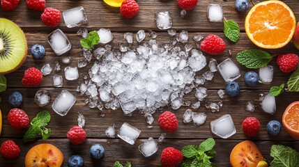 Leinwandbilder - An artistic overhead view of crushed ice scattered on a wooden table, surrounded by fresh fruits and mint leaves, emphasizing the refreshing ingredients for summer beverages.
