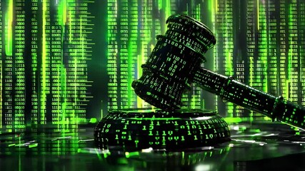 A digital judge's gavel covered in binary code, A digital judge's gavel, Artificial Intelligenc, Legal Systems	