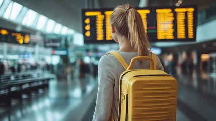 woman at an international airport check flight information board, checking travel time on board at airport, travel, payment, due, booking, online, check in