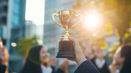 Wall Mural - business woman in suit holding a golden trophy cup in hand, celebrating success, victory, office team applause outdoors. employee appreciation day. awarding the best employee. Close up, faceless