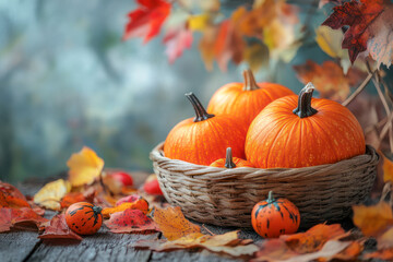 Wall Mural - pumpkins in a basket as autumn decoration