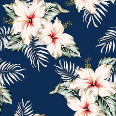 Wall Mural - Tropical hibiscus flowers, palm leaves, blue background. Vector seamless pattern. Jungle illustration. Exotic plants. Summer floral design. Paradise nature