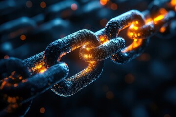 Closeup of a glowing chain link, symbolizing connection and strength.