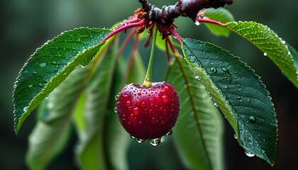 Wall Mural - Fresh ripe cherry glistening with dew drops surrounded by vibrant green leaves