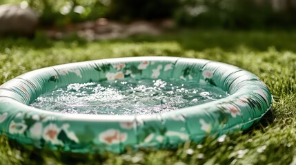 A close-up image of an inflatable swimming pool filled with water, set on a lush green lawn in a garden. The pool has a floral design and looks inviting.