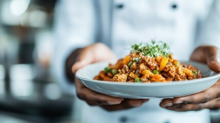 A chef in uniform presents a plate filled with a savory dish of mixed vegetables, showcasing a carefully prepared and colorful meal in a professional kitchen setting.