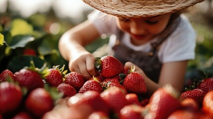 Young child, wearing a straw hat, harvests ripe, red strawberries nestled among green leaves in a large strawberry field during a sunny day, embodying joy and connection to nature.