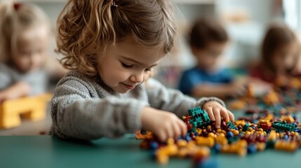 A young child engages intently with a spread of colorful building blocks at a green table in what appears to be a classroom or playroom setting full of activity.