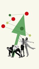 Wall Mural - team, colleagues carrying arrow in shape of christmas tree, symbolizing collective spirit, cooperati