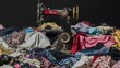 © Emma - Sewing machine surrounded by low-quality fabrics and sweatshop imagery, portraying fast fashion exploitation