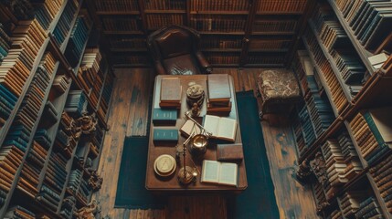 Fototapete - An overhead view of a legal library filled with law books and a scale of justice on the table, symbolizing the foundation of knowledge and fairness in the legal system
