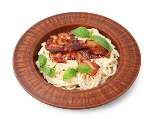 Wall Mural - Delicious pasta Carbonara with bacon and basil isolated on white