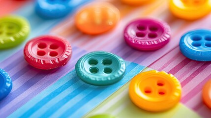 Close-up of multicolored candy buttons on a strip of paper, forming a joyful and fun pattern in a playful scene