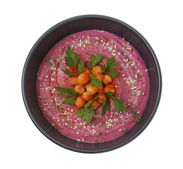 Wall Mural - Tasty beetroot hummus and chickpeas in bowl isolated on white, top view