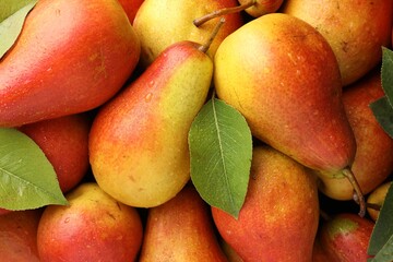 Sticker - Fresh ripe juicy pears as background, closeup