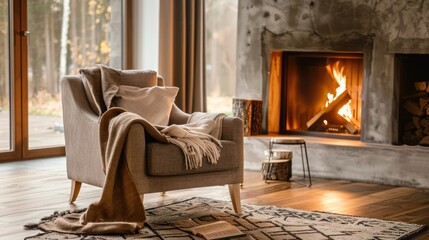 Interior design banner with cozy fireplace, comfortable armchair, soft lighting