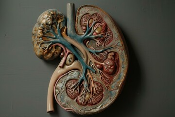 Anatomical model of a human kidney showing the internal structure including renal veins and arteries