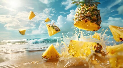 Juicy pineapple sliced with chunks and juice flying on tropical beach background