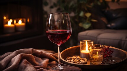 A wine glass with red wine and a cozy indoor setting