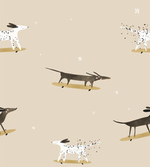 Wall Mural - hand drawn seamless vector pattern with crazy dogs skateboarding. cute dachshund, black dog and dalm