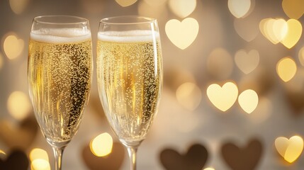 Champagne glasses with golden bubbles create a festive atmosphere, surrounded by a heart-patterned setting and soft bokeh lights,