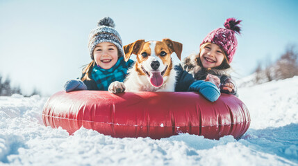 Smiling children with dog ride down on inflatable tubing sleds on sunny day. Inflatable sleds for active winter family recreation. Winter resort. Winter holidays. Happy kids on tube sliding down hill