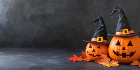 Two pumpkins with witch hats and autumn leaves on a dark background, a Halloween pumpkin decoration