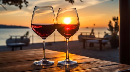 A wine glass with red wine and a sunset view