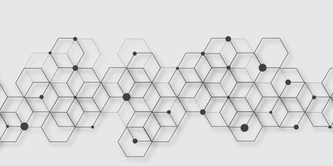 Poster - Molecular structure abstract tech background. Geometric grey background. Vector banner design with hexagons. Science network pattern, connecting lines and dots Medical background, Vector illustration	