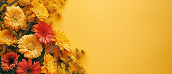 Bright yellow background with a vibrant arrangement of orange and yellow flowers