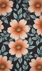 Fototapete - a repeating pattern of large orange flowers with yellow centers, surrounded by green leaves against a dark background