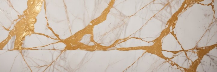 Poster - a close-up view marble surface with a striking pattern of gold and white lines and swirls, creating a sense of depth and texture