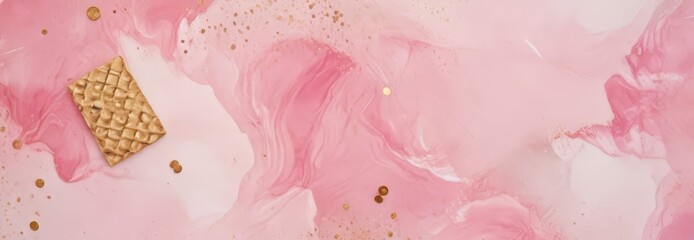Poster - A square piece of golden wafer rests on a pink and white abstract background, with scattered gold dots around it